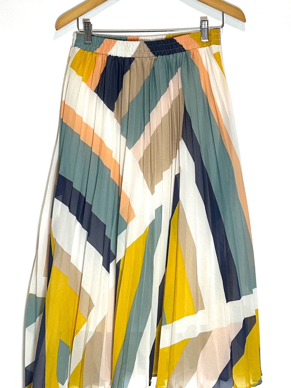 Pleated Geometric Midi Skirt in‎ Mustard & Teal - Small